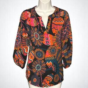 Julie Brown NYC Colorful Blouse Oversized 2 V Neck Native Feathers 3/4 Sleeve